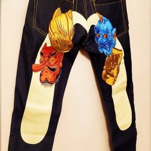 EVISU Embroidery Colorful Selvedge Monster Devil Prajna Heavy Denim Jeans NWT